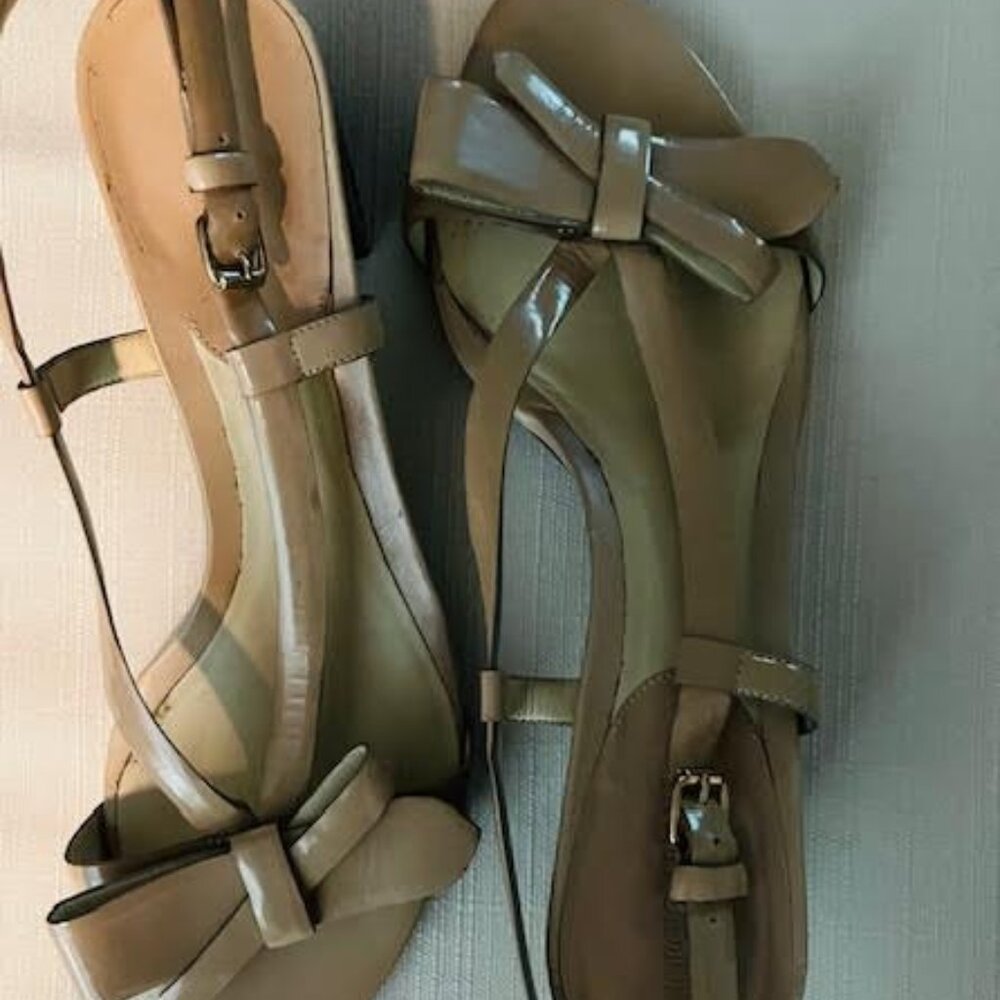 Giorgio Armani beige patent leather sandals.